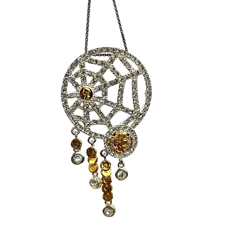 Money Catcher Pendant Necklace‎ Openwork Italy Sterling Silver 925 CZ Web 20"